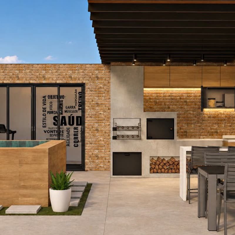 Área gourmet externa com churrasqueira, piscina e bancada de refeições