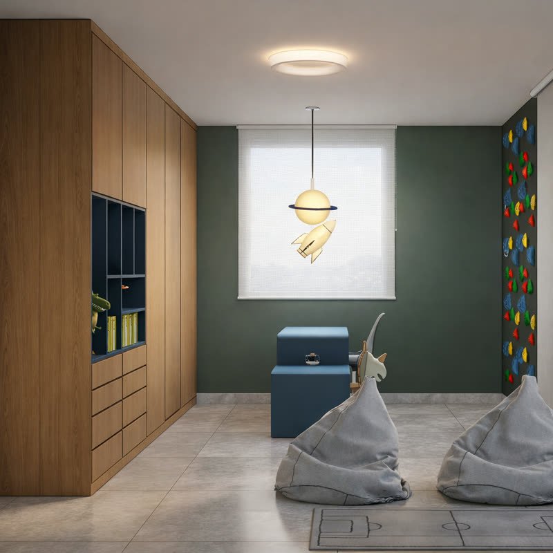 Quarto infantil com marcenaria sob medida e parede de escalada