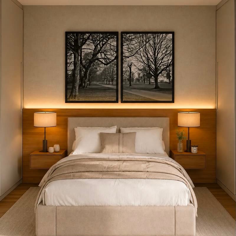 Design de interiores de quarto com cabeceira amadeirada e iluminação embutida